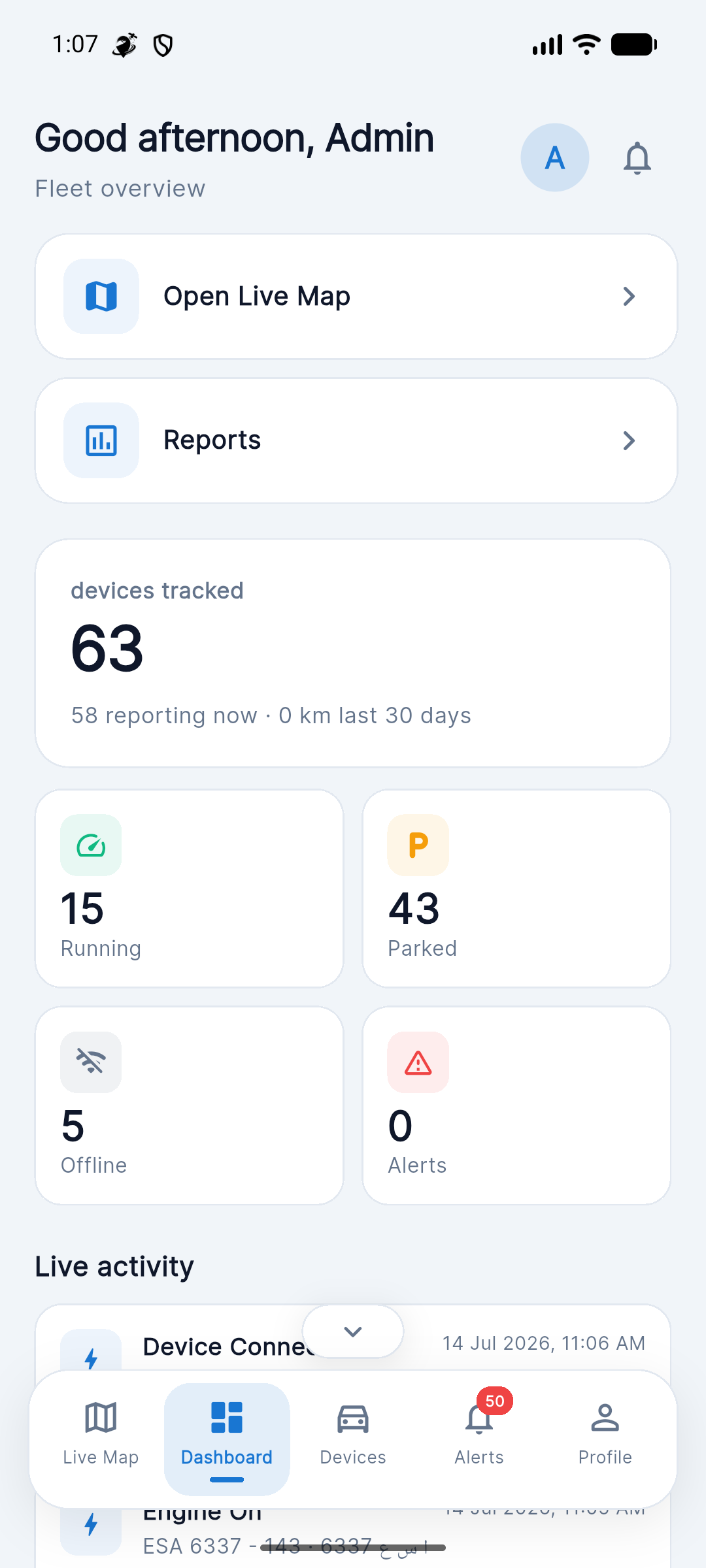 Dashboard — BillX GPS mobile app screenshot